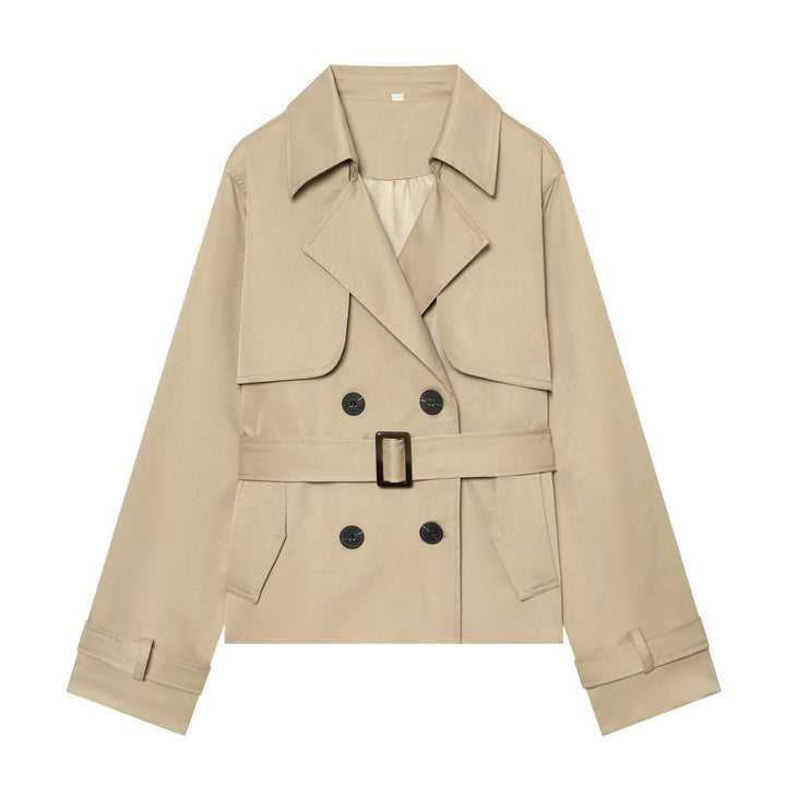 Women's Short Cropped Trench Coat with Double-Breasted Button Placket, Waist Belt, and Epaulettes Mune Fashion