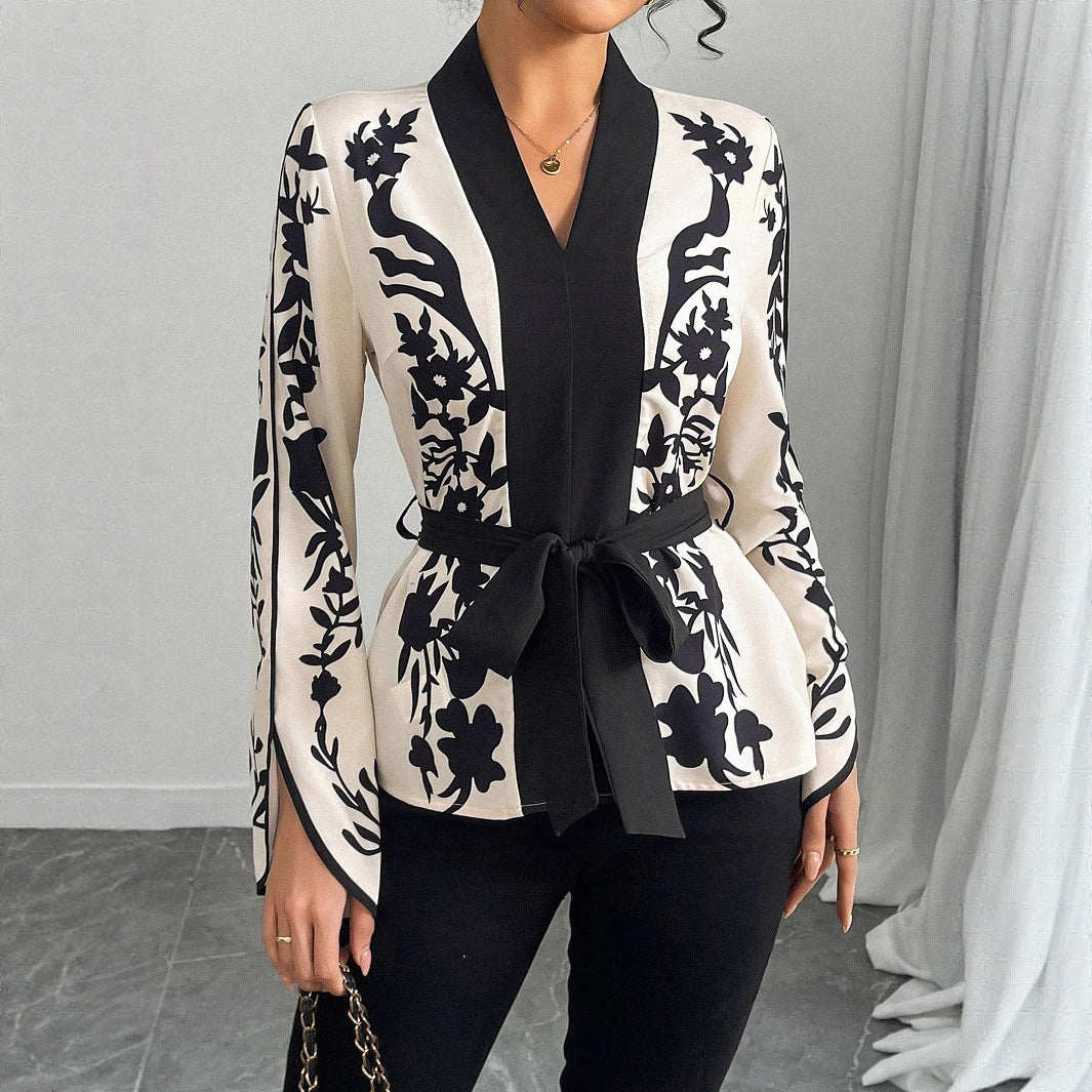 Women's kimono blouse with floral print, V-neck and waist tie belt Mune Fashion