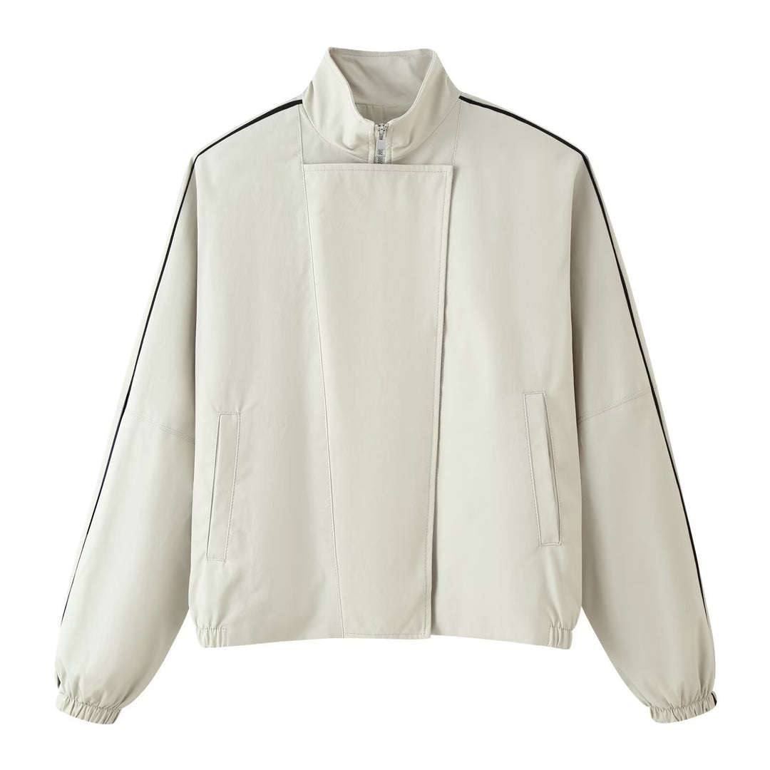Ladies sporty-minimalist transitional jacket with high funnel collar, concealed placket and contrast piping Mune Fashion