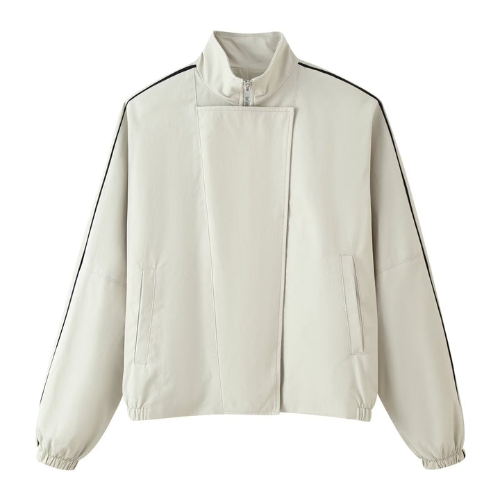 Ladies sporty-minimalist transitional jacket with high funnel collar, concealed placket and contrast piping Mune Fashion