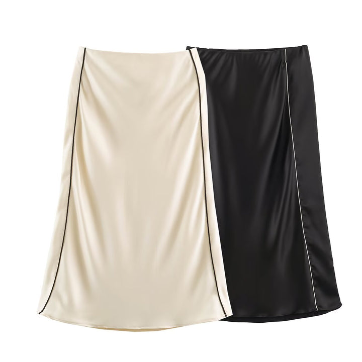 Ladies Satin Midi Skirt with Side Overlap and Contrast Piping Drune