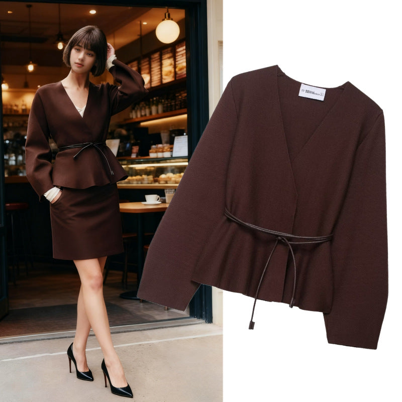 Women's Crossed Knit Cardigan with Waistband and Kimono Sleeves Mune Fashion