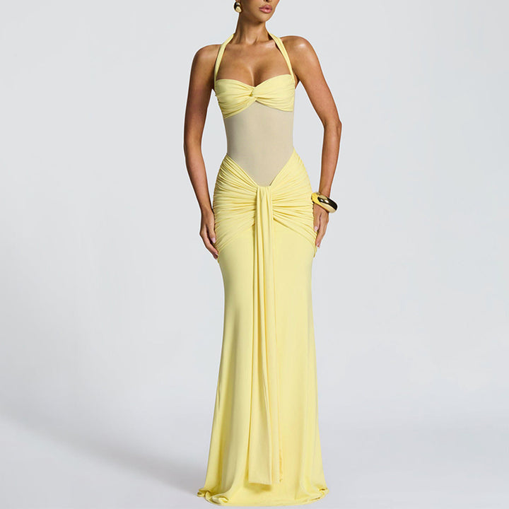 Women's figure-hugging halter evening dress with transparent mesh insert and gathered hip area Mune Fashion
