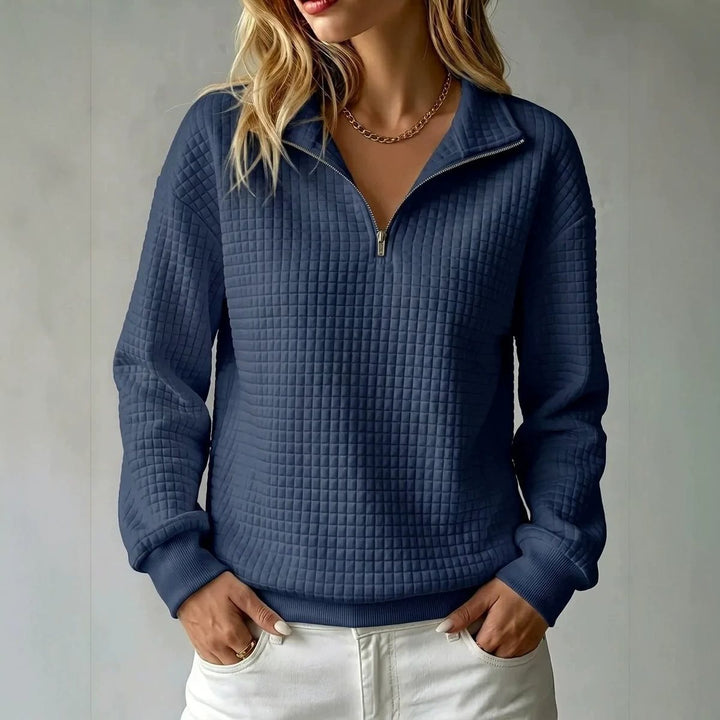 Women's Quilted Fleece Pullover with Half Zipper and Stand-Up Collar Mune Fashion