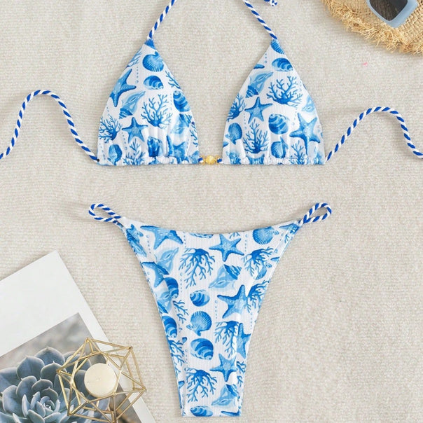 Women's triangle bikini with maritime motifs and playful cord ties Mune Fashion