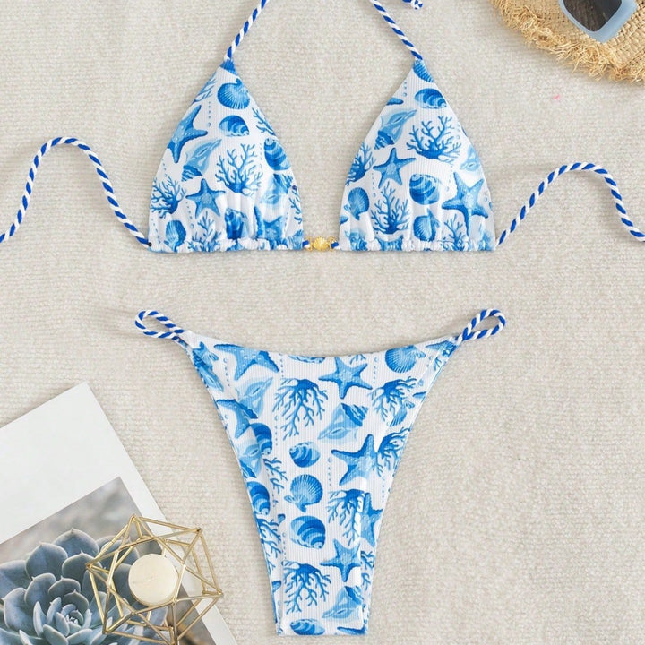 Women's triangle bikini with maritime motifs and playful cord ties Mune Fashion
