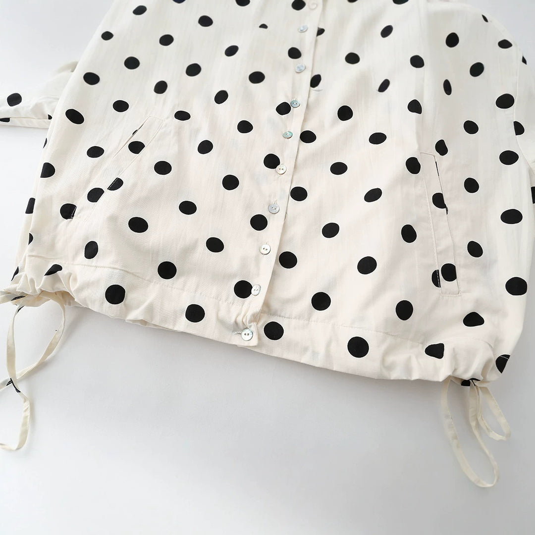 Women's bomber jacket with polka dot pattern, stand-up collar, drawstring and adjustable waist pull Mune Fashion