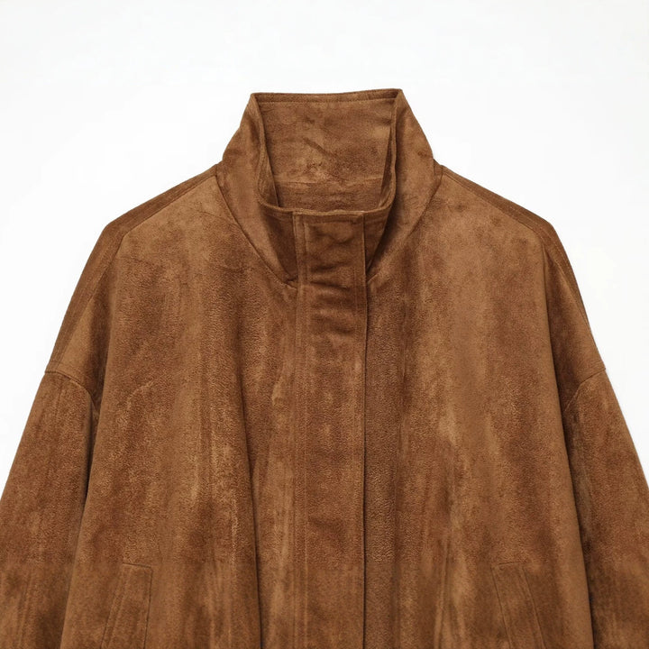 Women's short cut oversized suede bomber jacket with standing collar Mune Fashion