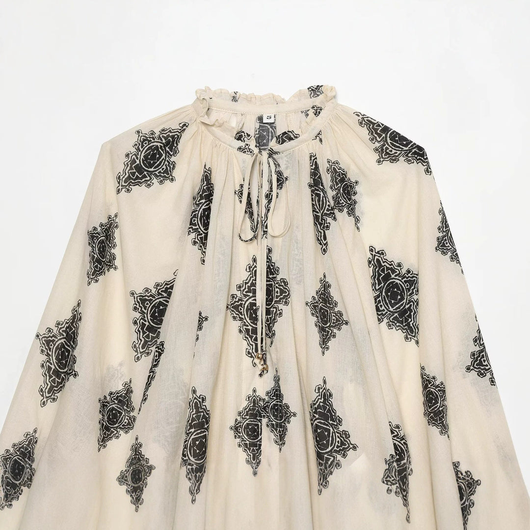 Women Wide Boho Blouse with Ruffled Collar, Drawstring and Balloon Sleeves Drune