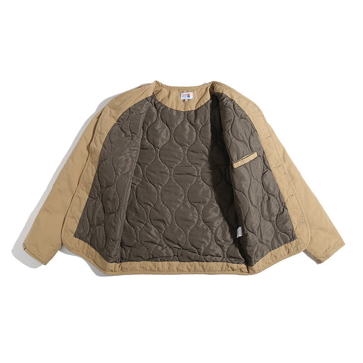 Unisex Lightly Quilted Round Neck Transitional Jacket with Button Placket and Patch Pockets Mune Fashion