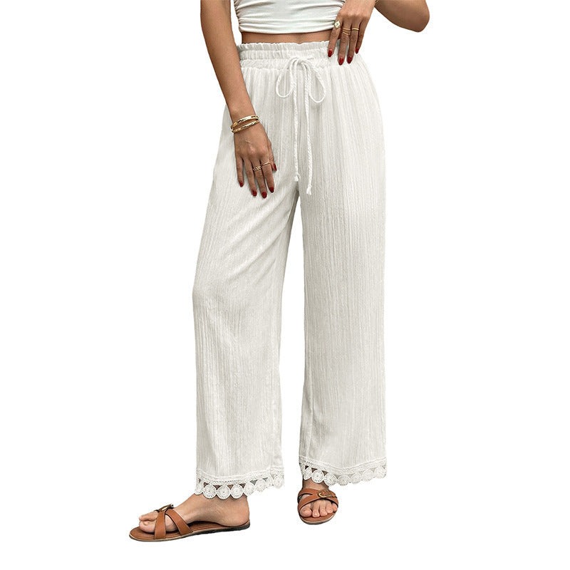 Women Wide Summer Pants with Lace Trim Mune Fashion