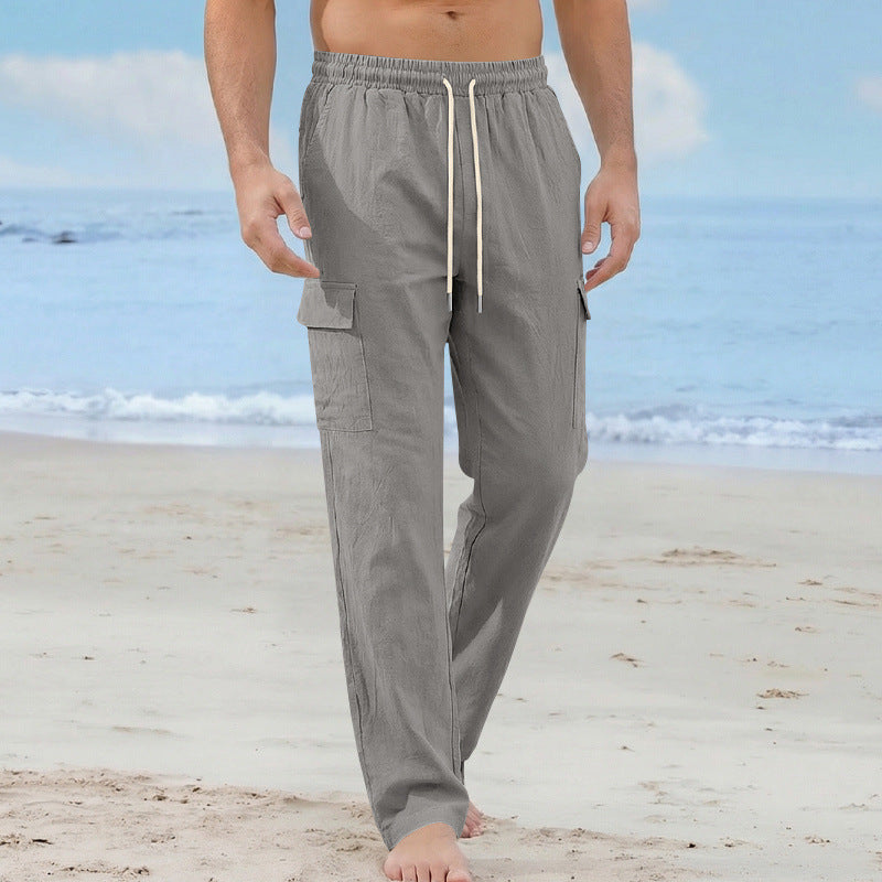 Men's cargo beach pants made of linen blend with elastic waistband and drawstring Mune Fashion