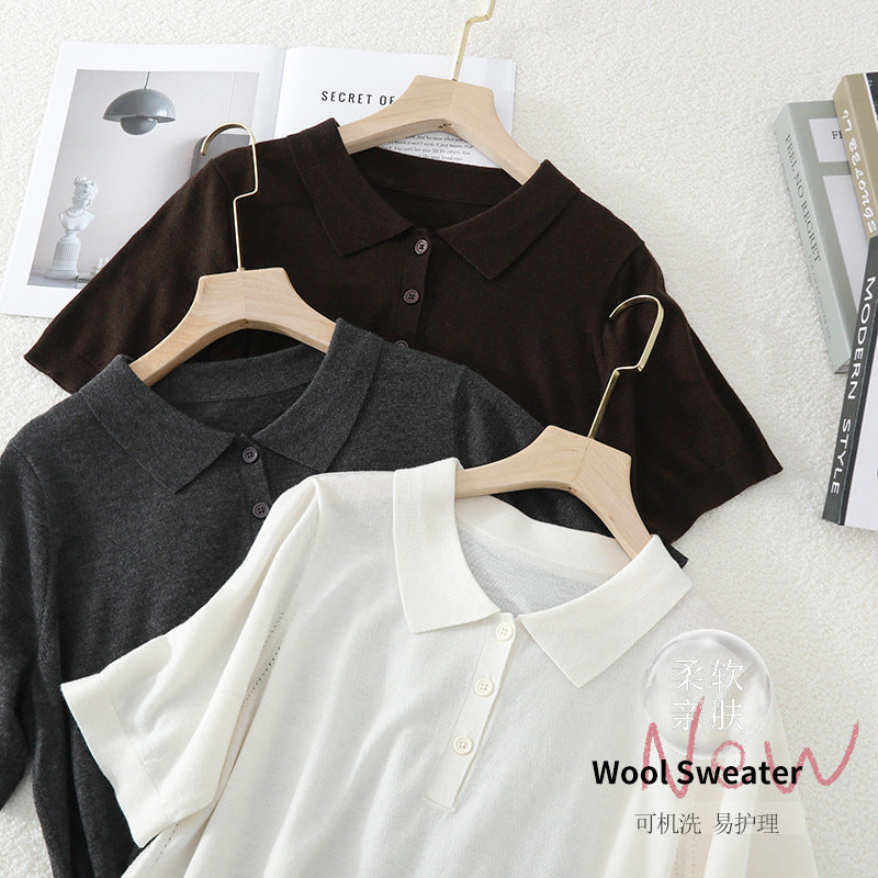 Women's Short Sleeve Fine Knit Polo Shirt with Button Placket Mune Fashion