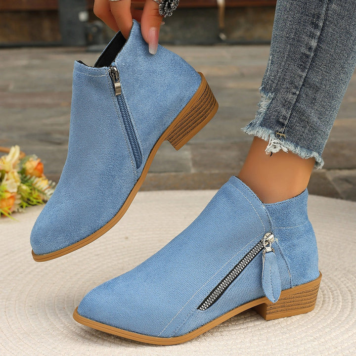 Women nan short suede-look ankle boot with side decorative strap zipper and comfortable block heel Mune Fashion
