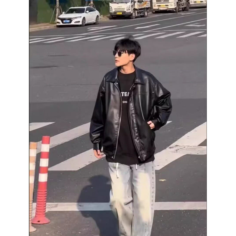 Men's Boxy Faux Leather Jacket with Shirt Collar and Concealed Zipper Mune Fashion