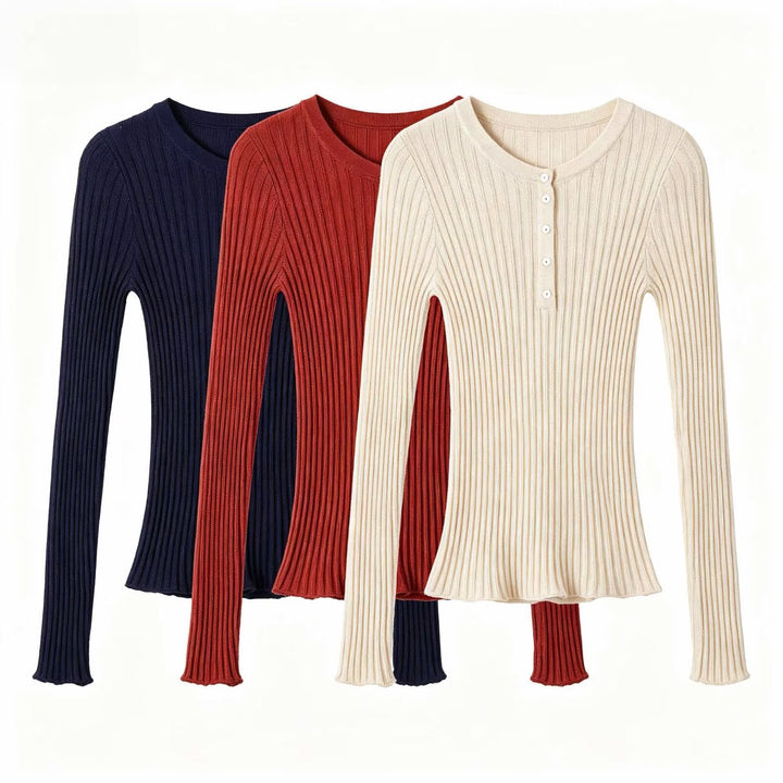 Women's figure-hugging ribbed long sleeve fine knit shirt with Henley button placket Mune Fashion