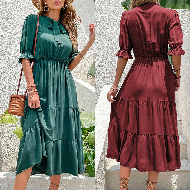 Ladies Midi Dress with Ruffle Details and Tie Belt Mune Fashion