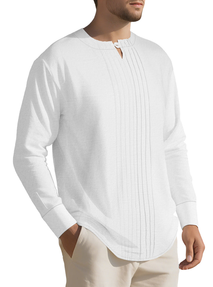 Men's Lightweight Long Sleeve Shirt in Linen Look with Stand-Up Collar, Pleats and Loop Closure Mune Fashion