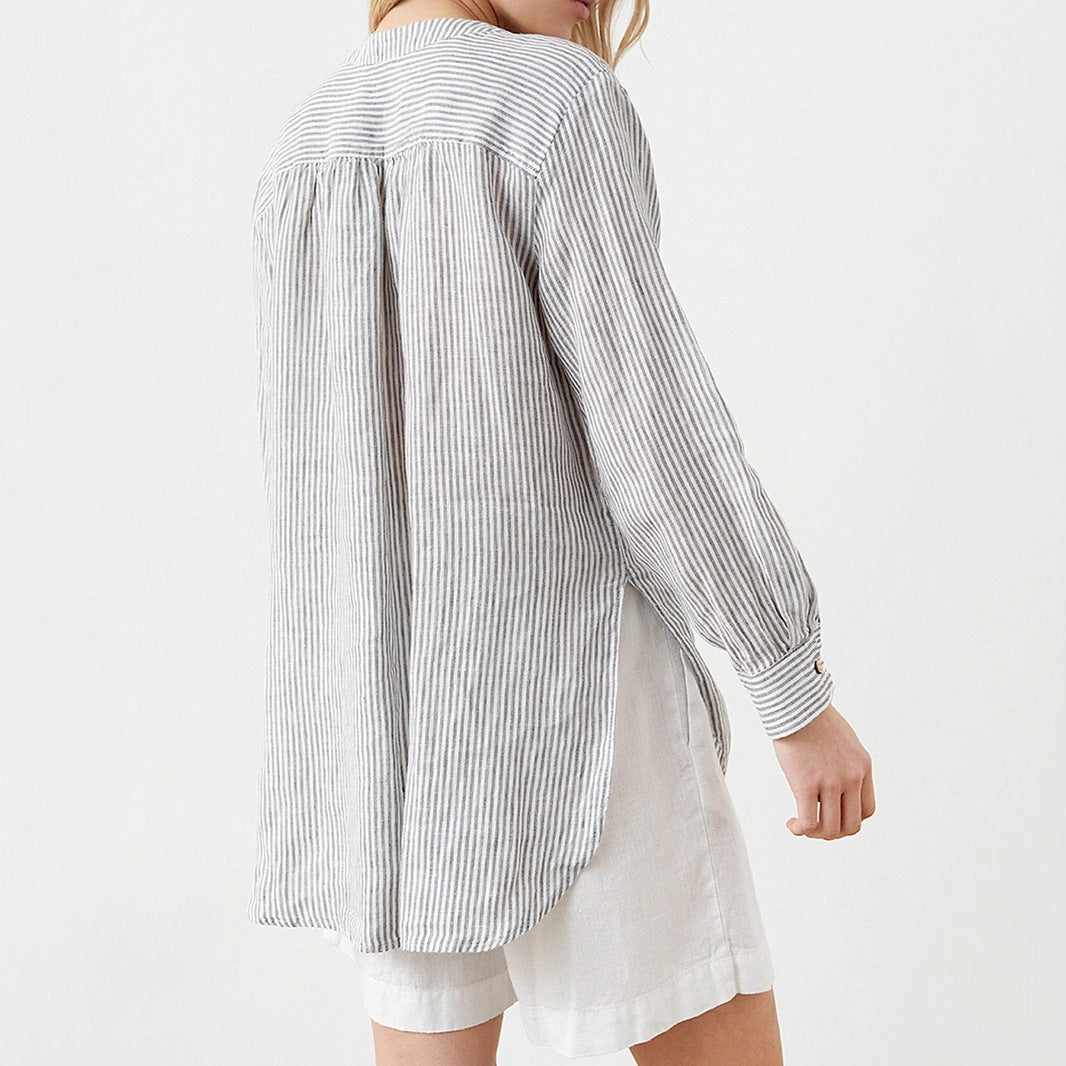 Women Lightweight Striped Tunic Blouse with Stand Collar and High Hem