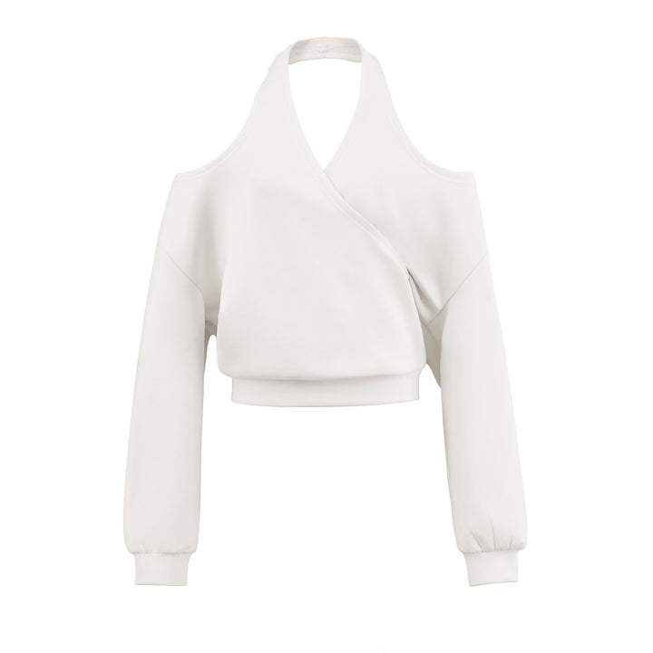 Women's Cropped Sweatshirt with Halter Neck, Cold-Shoulder and Wrap Look Mune Fashion