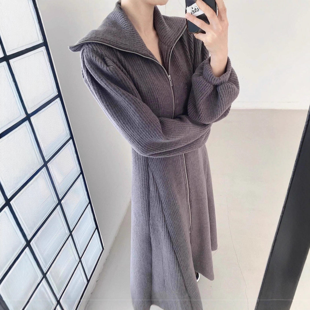 Women's Ribbed Knit Midi Dress with Zip Collar and Flared Skirt Mune Fashion