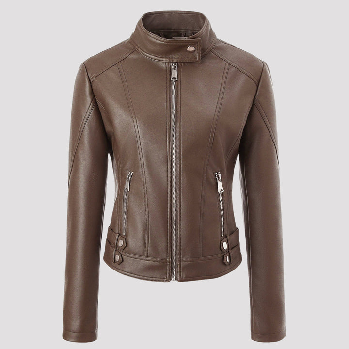 Ladies Tailored Faux Leather Biker Jacket with Stand-Up Collar, Vertical Decorative Seams and Side Buckle Straps Mune Fashion