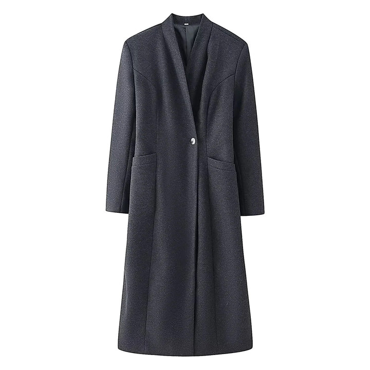 Women's elegant long-cut coat with shawl collar, tailored princess seams, and concealed single-button front Mune Fashion