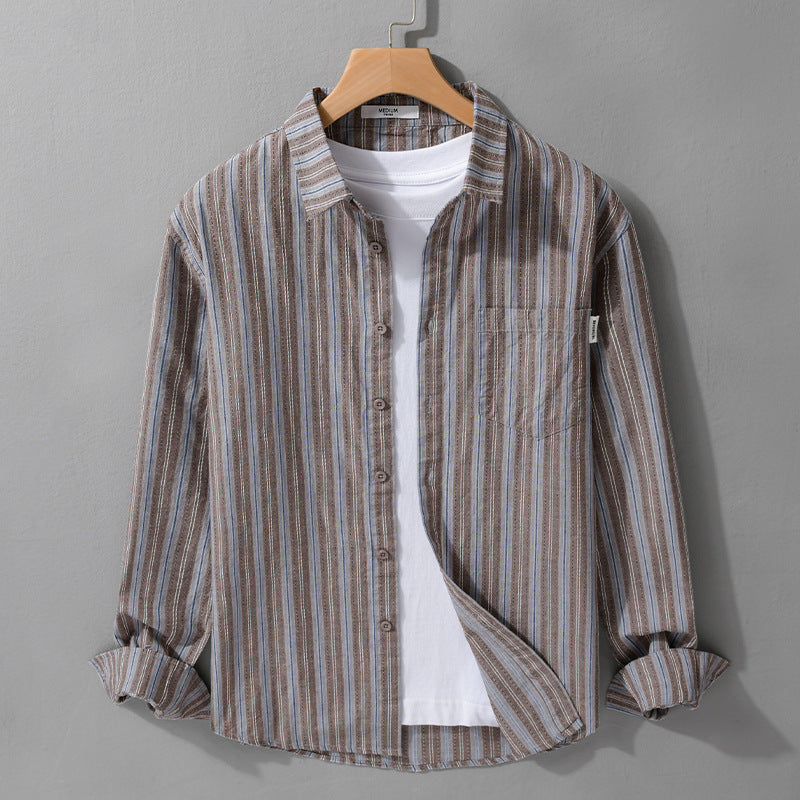Men's Striped Linen Blend Shirt in Relaxed Fit with Kent Collar and Chest Pocket Mune Fashion