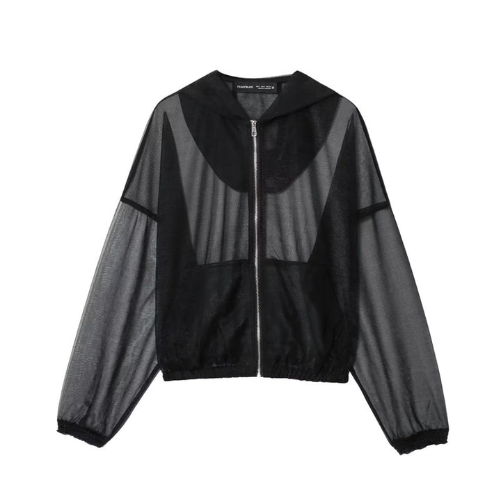 Women's Transparent Mesh Training Jacket with Hood, Full Zip and Elastic Hem Mune Fashion