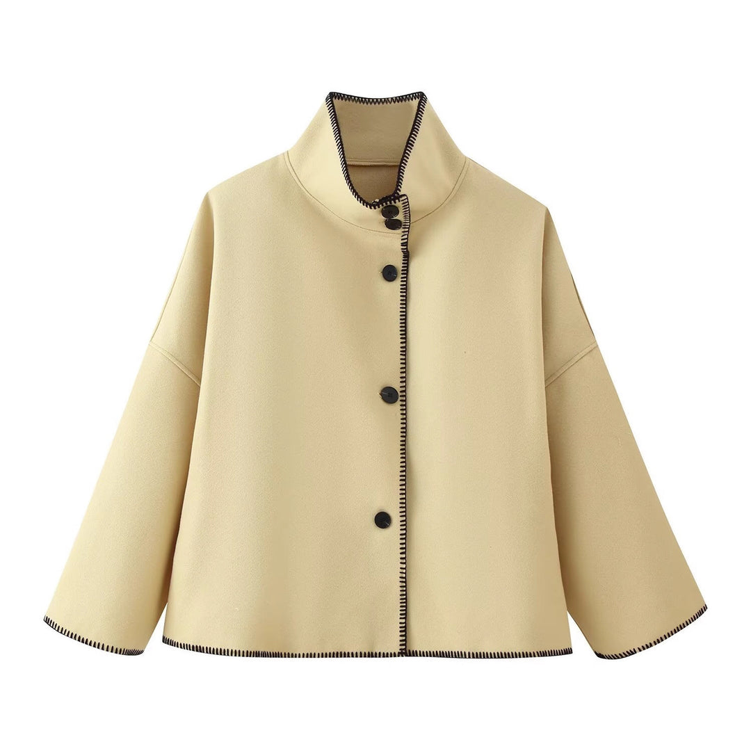 Women's Short Boxy Coat-Cape with Standing Collar and Contrast Decorative Stitch Mune Fashion