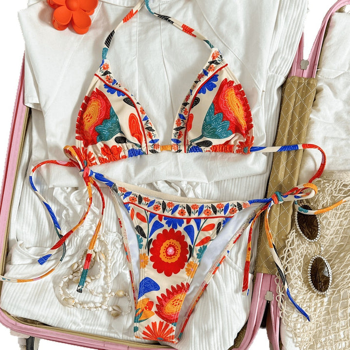 Women's Triangle Bikini with Floral Patterns and High-Quality Ties Mune Fashion