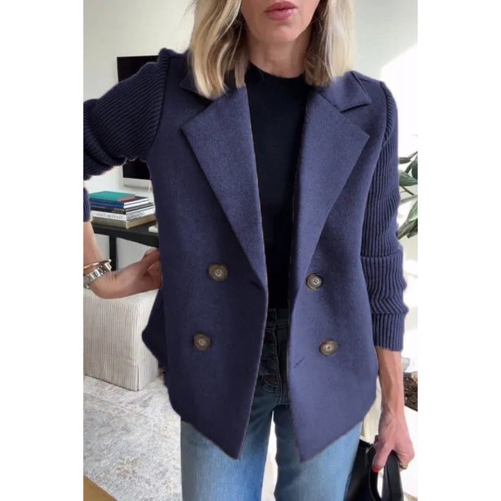 Women's Double-breasted Blazer Vest with Wide Lapels and Ribbed Knit Sleeves Mune Fashion
