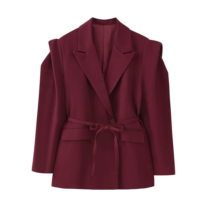 Women's Tailored One-Button Blazer with Tied Belt and Shoulder Cut-Out Mune Fashion
