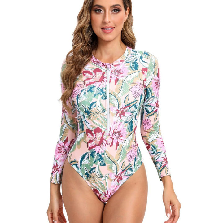 Damen Sportlicher Langarm-Badeanzug mit Reißverschluss und eleganten Mustern Echo Archiv