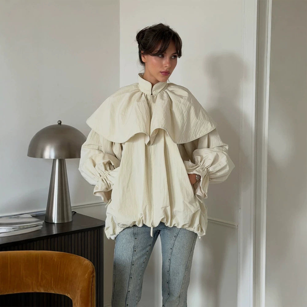Women's Oversized Jacket with Cape Collar, Balloon Sleeves and Drawstring Mune Fashion
