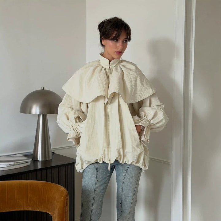 Women's Oversized Jacket with Cape Collar, Balloon Sleeves and Drawstring Mune Fashion