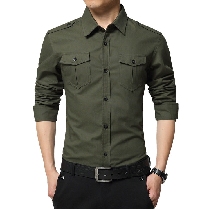 Men's Slim-Fit Utility Shirt with Shoulder Flaps and Flap Pockets Mune Fashion