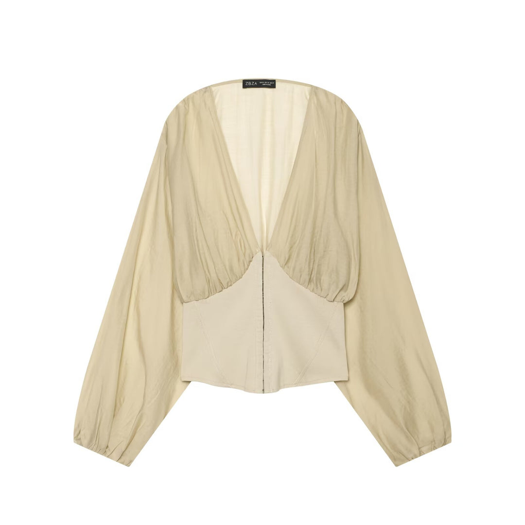 Women Short Bolero Blouson with Deep V-Neck, Gathered Yoke and Balloon Sleeves Drune