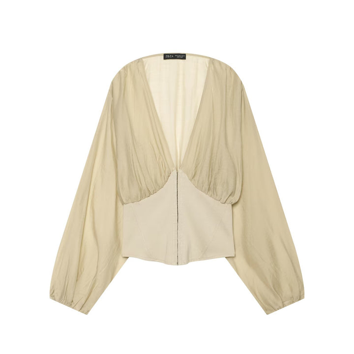 Women Short Bolero Blouson with Deep V-Neck, Gathered Yoke and Balloon Sleeves Drune