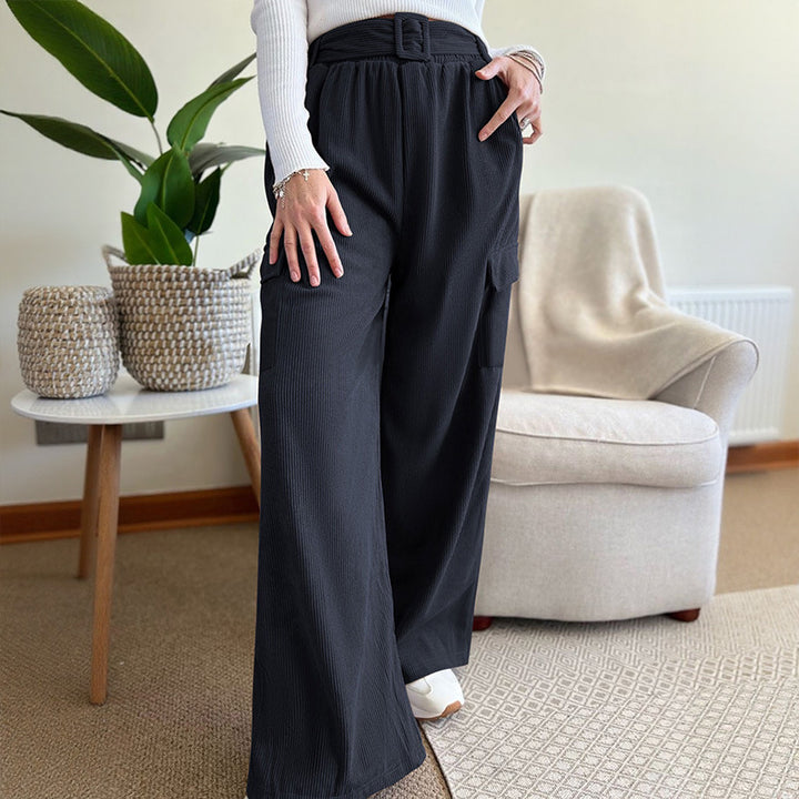 Women's Wide High-Waist Pants with Fabric Belt and Cargo Pockets Mune Fashion