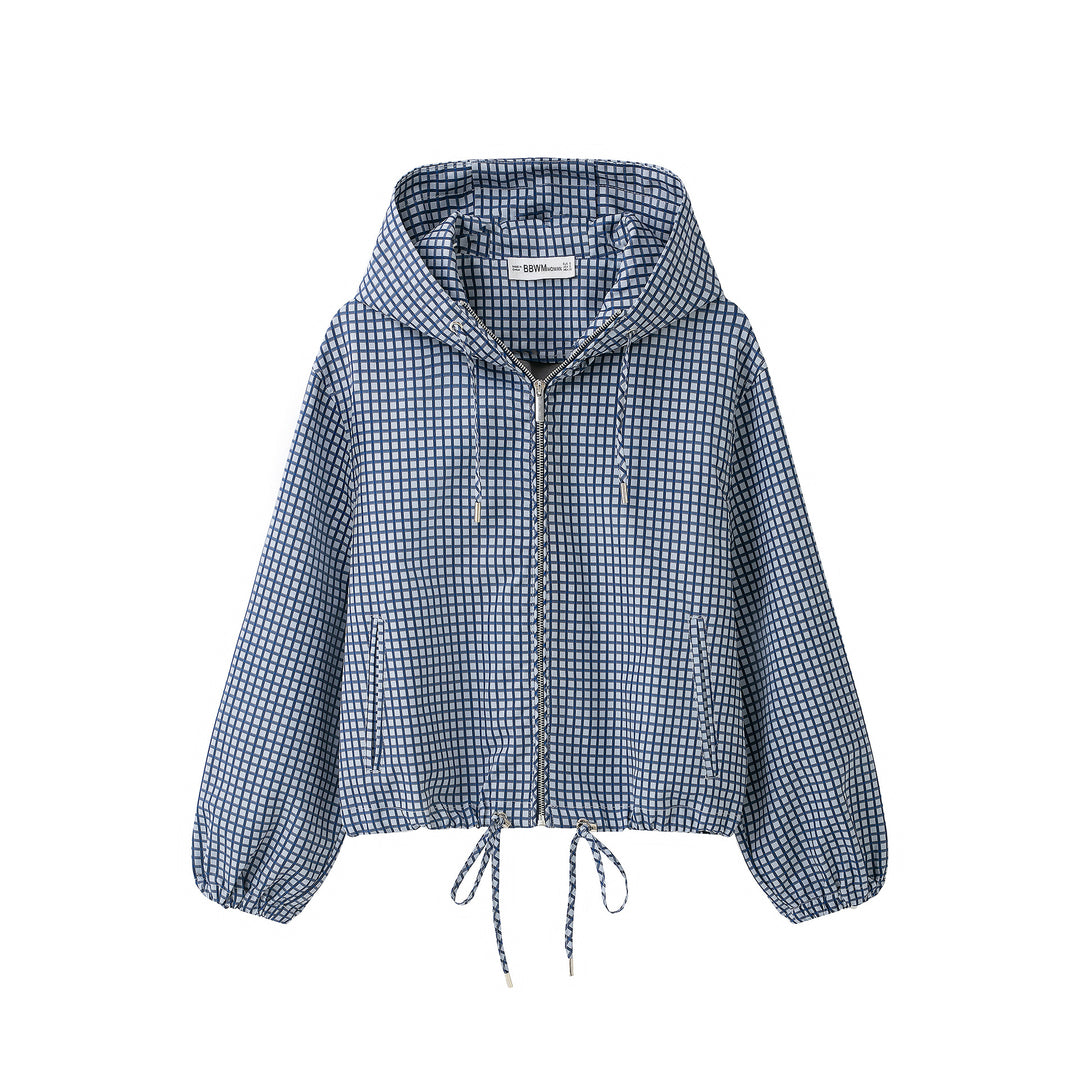 Women Checked Cropped Hoodie with Drawstring and Zipper Mune Fashion