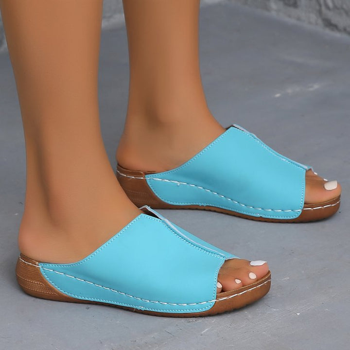 Damen Offene Komfort‑Mules mit gepolstertem Fußbett und Korkoptik‑Plateau Mune Fashion