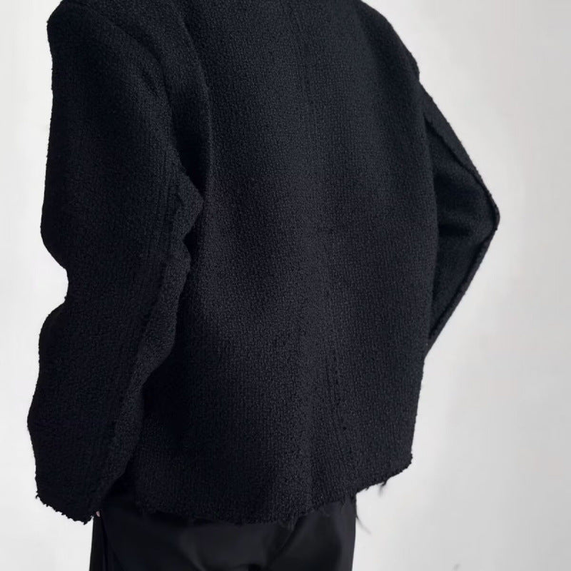 Women's Oversized Boucle Jacket without Collar with Patch Pockets and Raw Edge Details Mune Fashion