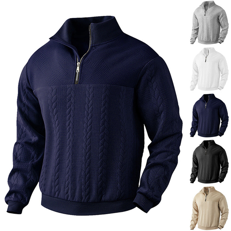 Men's textured knit sweater with half zip, braided cable pattern, and high stand-up collar Mune Fashion