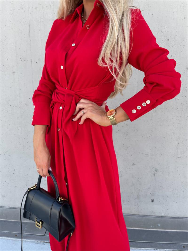 Women's Tailored Shirt Blouse Midi Dress with Tied Belt, Cuffs and Front Slit Mune Fashion