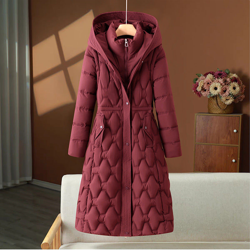 Women's longer quilted coat with honeycomb quilt, hood and tailored A-line Mune Fashion