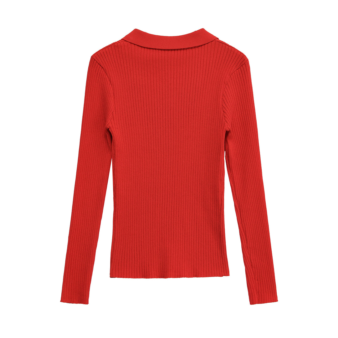 Women Ribbed Fine Knit Polo with Deep V-Neck and Chest Pockets Mune Fashion