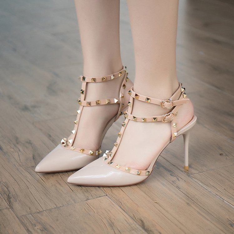 Women's Lace T-Strap Stiletto Sandal with Pyramid Studs and Adjustable Ankle Strap Mune Fashion