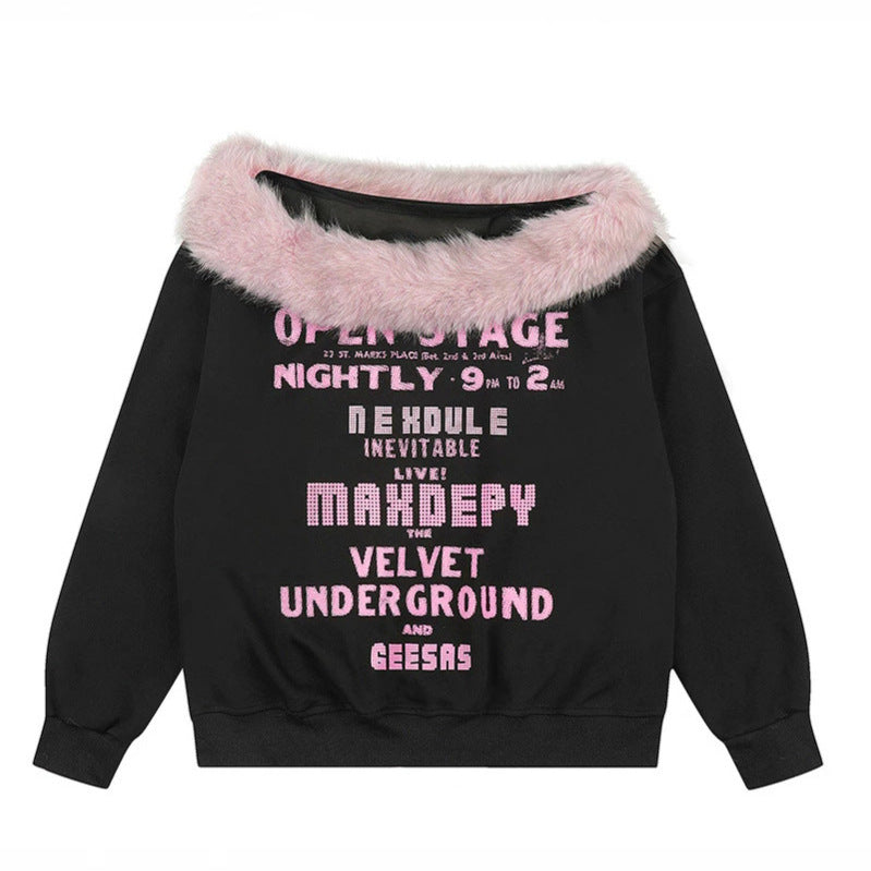 Women's oversized sweatshirt with faux fur collar, soft inner lining and typographic statement print Mune Fashion