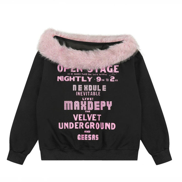 Women's oversized sweatshirt with faux fur collar, soft inner lining and typographic statement print Mune Fashion